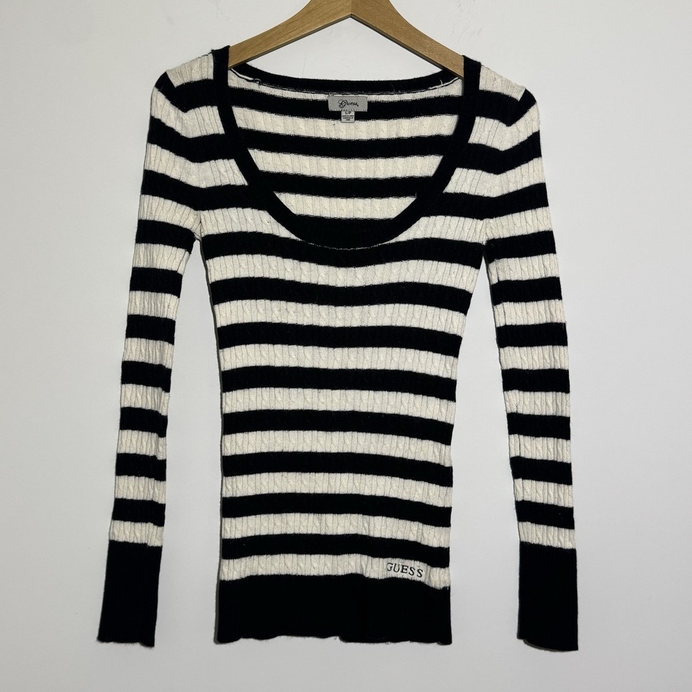 Y2K Vintage Guess Cable Knit Striped Sweater Rabbit‎ Hair Bella Swan Scoop Neck
